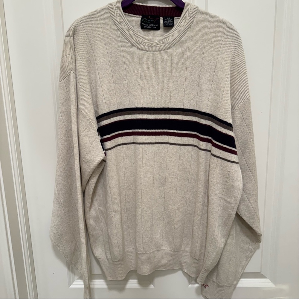 Greg Norman VTG CrewSweater Mens Large, Beige With Navy, Green, Burgundy Stripes